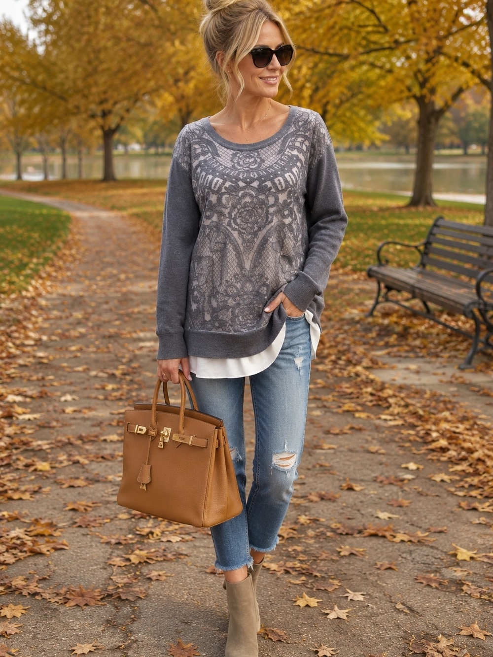 Women's Charcoal Patterned Pullover Sweatshirt